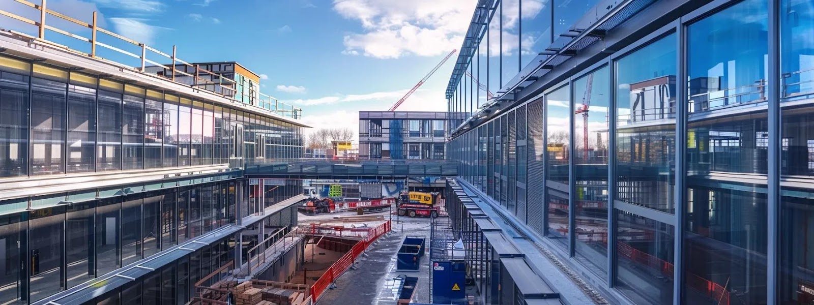Modern eco-friendly construction site with large glass facades, scaffolding, and construction equipment, illustrating sustainable building practices in Wakefield.