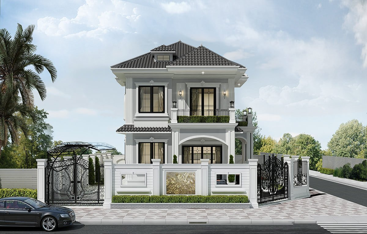 Gam màu trắng thanh lịch trong mẫu nhà 2 tầng mái Nhật mặt tiền 9m