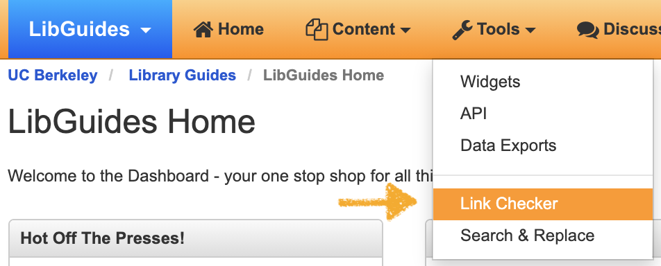 LibGuides' Link Checker tool in "Tool" dropdown menu