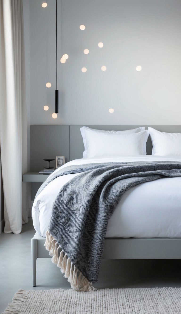 A cotton throw blanket draped over a sleek, uncluttered bed in a minimalist bedroom