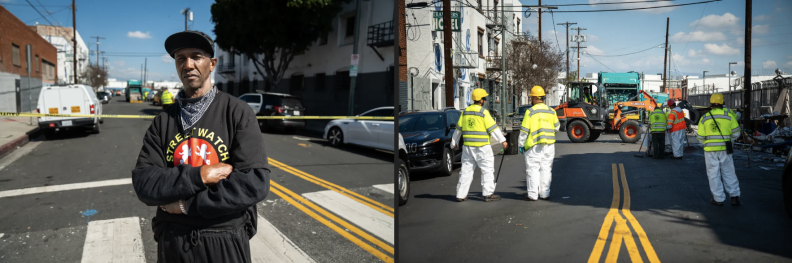 A left image shows a man with dark brown skin tone standing on the street and looking at the camera, as yellow caution tape blocks off a section of the street behind him. A right image shows a group of city workers in bright yellow shirts and hardhats on the street, backs turned to the camera as they appear to be looking at an orange vehicle down the road.