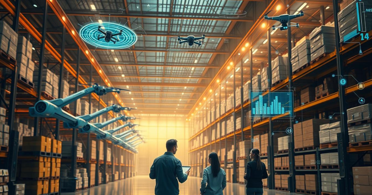 A futuristic warehouse interior, bathed in warm, diffused lighting. Robotic arms and autonomous vehicles seamlessly navigate through stacks of goods, coordinated by an intricate web of AI algorithms displayed on holographic interfaces. In the foreground, a team of analysts pore over real-time supply chain data, making informed decisions to optimize logistics. The background reveals a panoramic view of the facility, where drones take flight, delivering packages to distant locations. The scene conveys a sense of efficiency, innovation, and the transformative impact of artificial intelligence on modern supply chain operations.