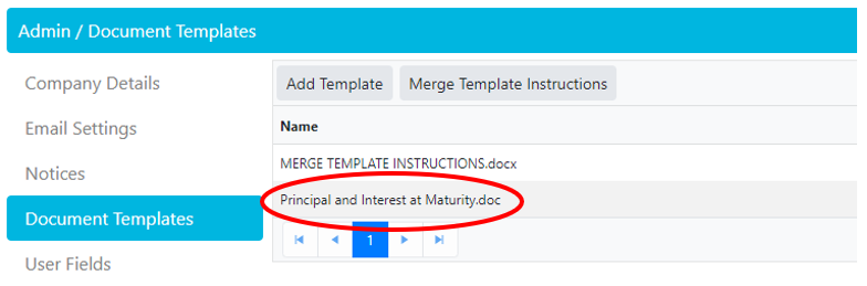 Admin panel interface for managing document templates, showing options to add templates and merge instructions.