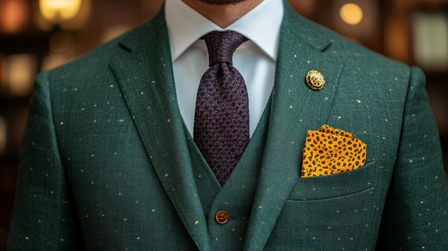 A tailored forest green suit paired with a crisp white shirt. The outfit features bold accents: a burgundy tie, a mustard pocket square with subtle patterns, and a navy lapel pin. The accessories add vibrant pops of color, enhancing the rich green of the suit without overpowering it. The background is a modern indoor setting with warm lighting that highlights the elegance of the ensemble.