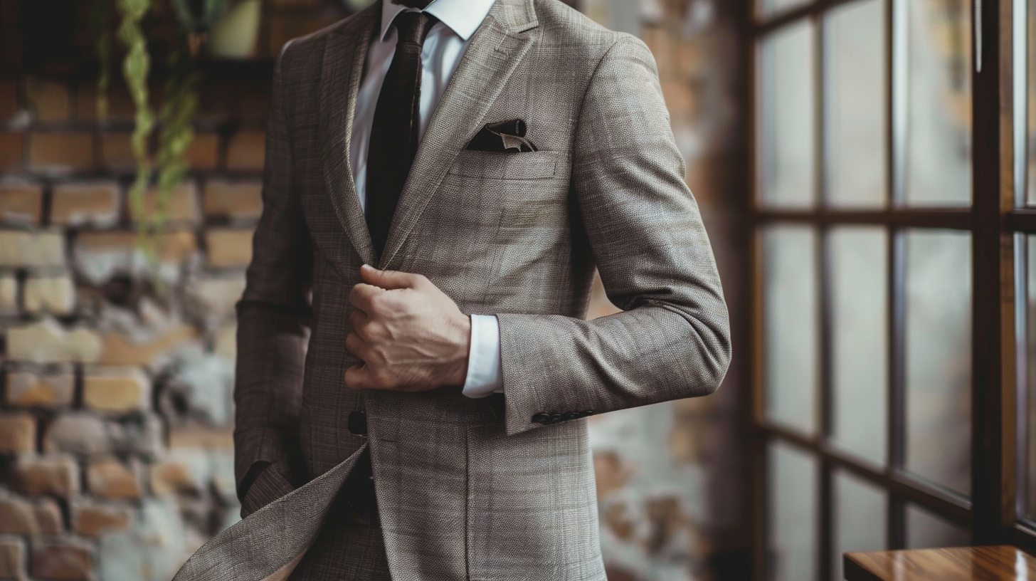 Man in a single-breasted suit with one row of buttons, clean and versatile, modern office or cocktail setting, neutral tones, minimal styling