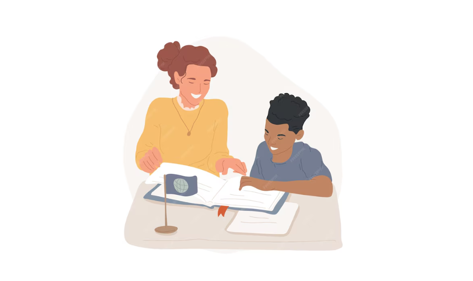 A graphic of a tutor teaching her student