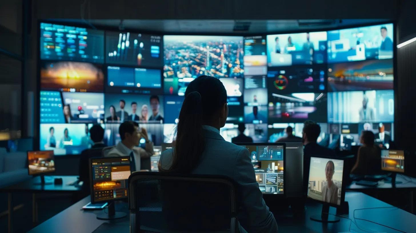 a sleek, modern office environment showcases a diverse team collaborating around digital screens displaying vibrant brand assets and flexible style guides, emphasizing the integration of technology and brand identity in a dynamic workspace.
