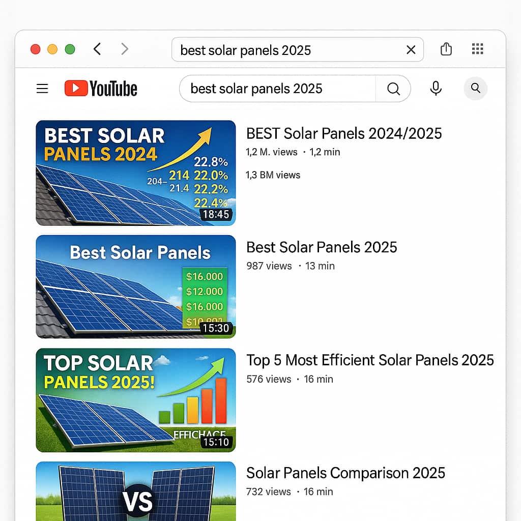 YouTube search results showing solar panel comparison videos with high engagement demonstrating how to get solar leads through educational content.