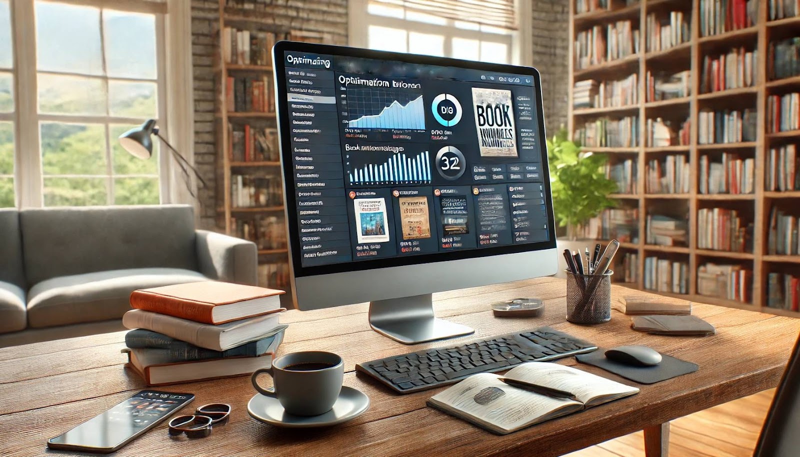 A cozy library workspace with a desktop displaying book analytics, stacked books, a coffee cup, an open notebook, and a smartphone on a wooden desk.