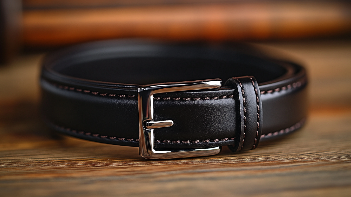 A black or brown leather belt neatly displayed on a wooden surface, with a plain small buckle. The leather looks smooth and polished, and the lighting shows the natural texture of the material. The belt has a clean, classic look that pairs well with leather shoes.