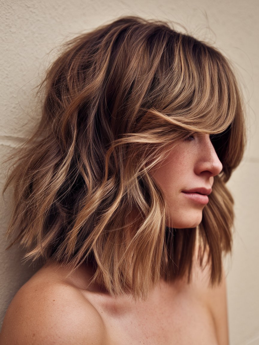 1. Dimensional Caramel Asymmetrical Bob with Side Bangs