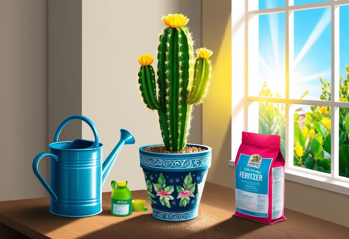 A Christmas cactus sits in a decorative pot, surrounded by a watering can and a bag of fertilizer. Sunlight streams in through a nearby window, illuminating the plant