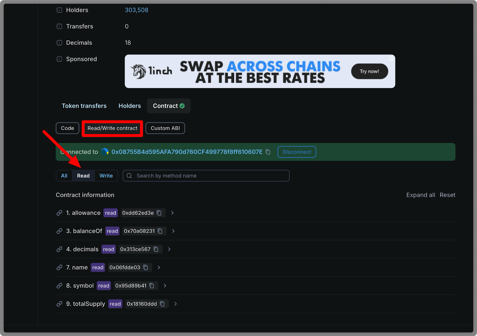 Smart contract read interface on Blockscout showing connected wallet and ERC-20 token contract functions including allowance, balanceOf, decimals, name, symbol, and totalSupply methods with hexadecimal values
