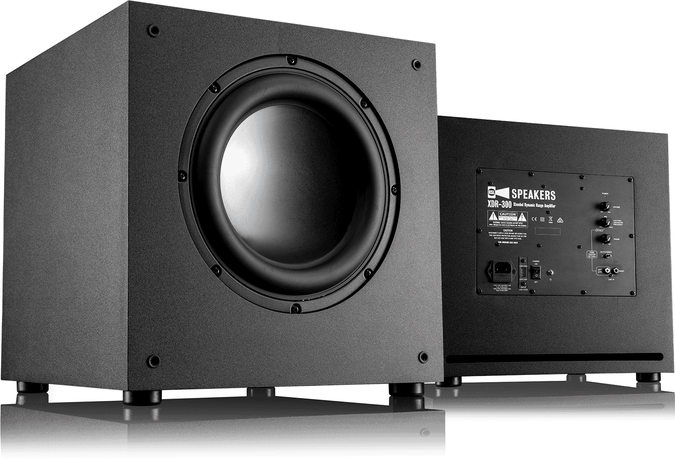 RSL Speedwoofer 10E subwoofer, front and rear view.