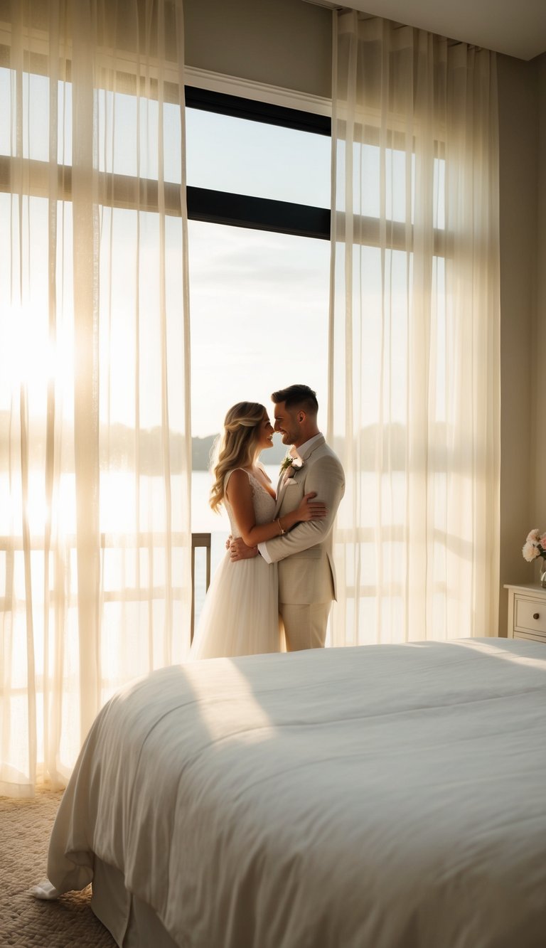 Sunlight filters through sheer curtains in a serene master bedroom, creating a soft and romantic atmosphere for couples