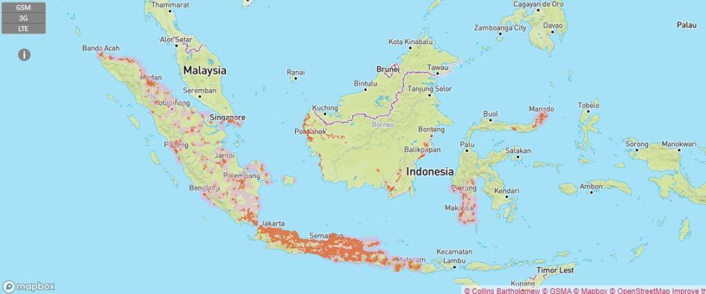 Hutchison 3G回線と4G回線 インドネシア内サービスエリアマップ
