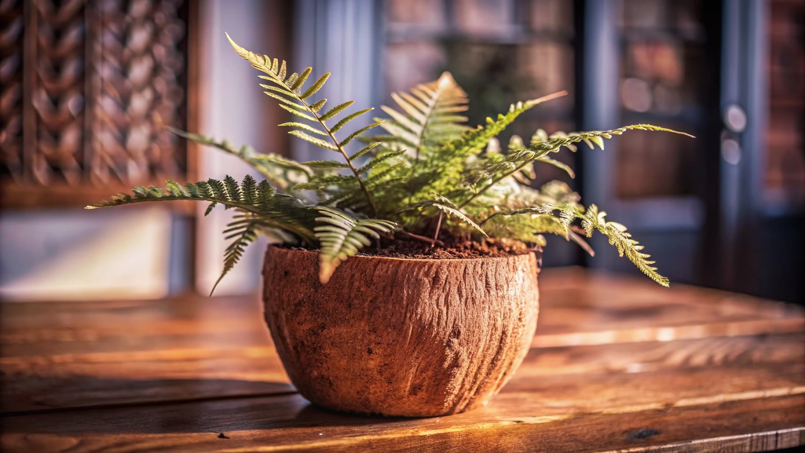 Samambaia Nephrolepis exaltata plantada em vaso de fibra de coco, destacando suas folhas pendentes sobre uma mesa de madeira.