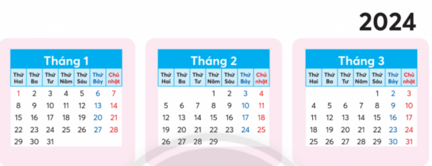 BÀI 7.THÁNG , NĂMTHỰC HÀNHBài 1: Hãy kể tên các tháng trong năm Giải nhanh:Tháng 1, tháng 2, tháng 3, tháng 4, tháng 5, tháng 6, tháng 7, tháng 8, tháng 9, tháng 10, tháng 11 và tháng 12.Bài 2: Đọc số ngày của từng tháng trong bảng dưới đây.Giải nhanh:Tháng 1 có 31 ngàyTháng 2 có 28 ngày hoặc 29 ngàyTháng 3 có 31 ngàyTháng 4 có 30 ngàyTháng 5 có 31 ngàyTháng 6 có 30 ngàyTháng 7 có 31 ngàyTháng 8 có 31 ngàyTháng 9 có 30 ngàyTháng 10 có 31 ngàyTháng 11 có 30 ngàyTháng 12 có 31 ngàyLUYỆN TẬP