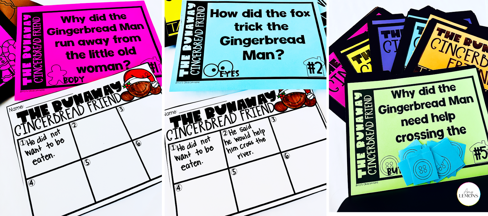 Gingerbread activities for elementary with Gingerbread challenge book questions.