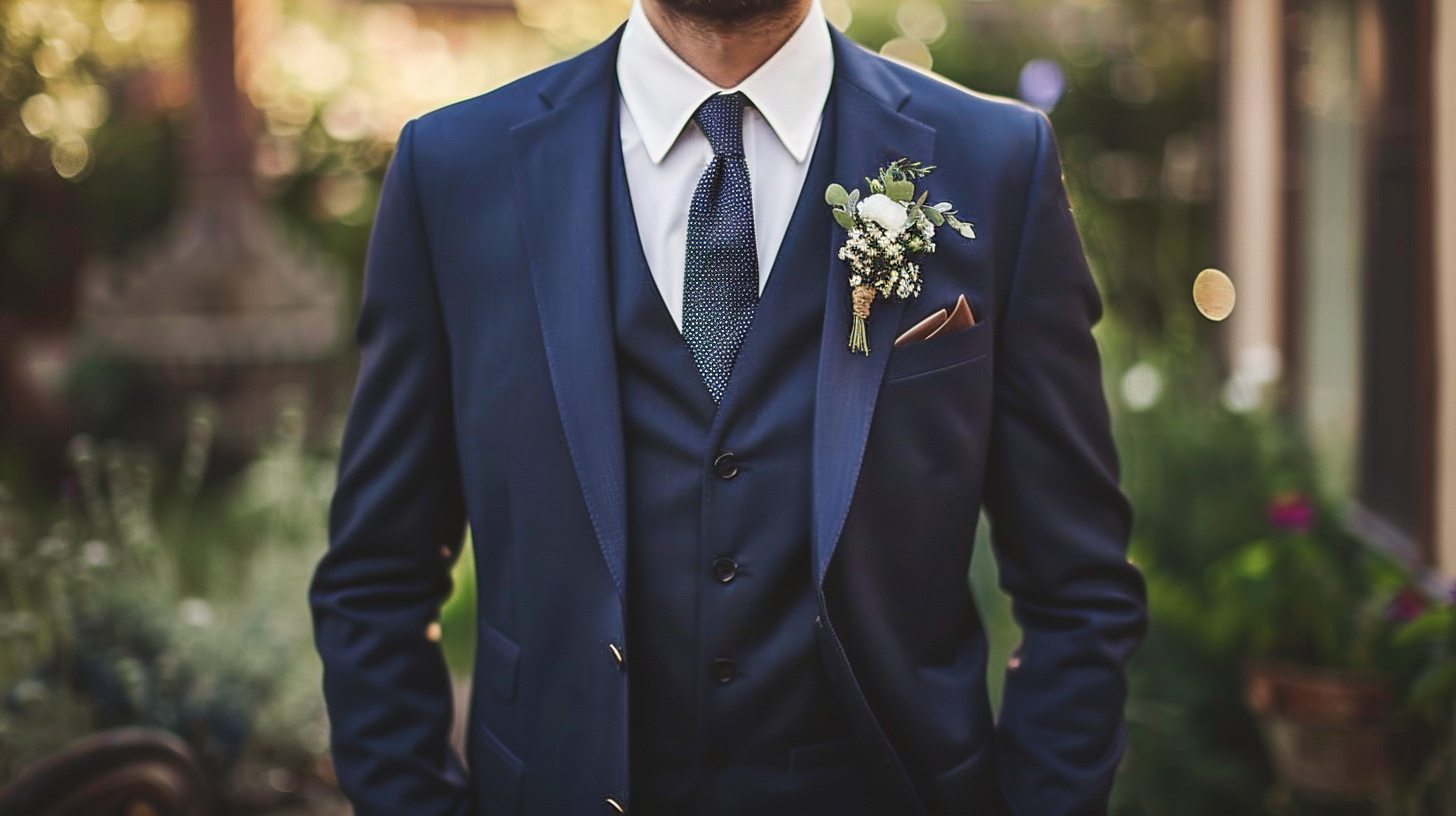 A man wearing a navy three-piece suit with a vest, white shirt, and tie, styled for a formal event or wedding