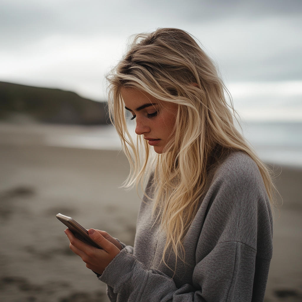 A concerned woman looking at her phone | Source: Midjourney