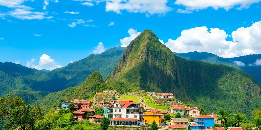 Paysage colombien avec montagnes verdoyantes et bâtiments colorés.