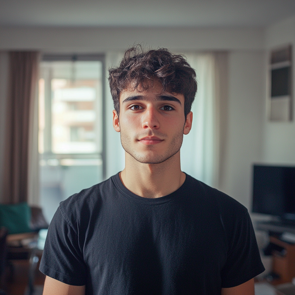 A young man standing in his house | Source: Midjourney