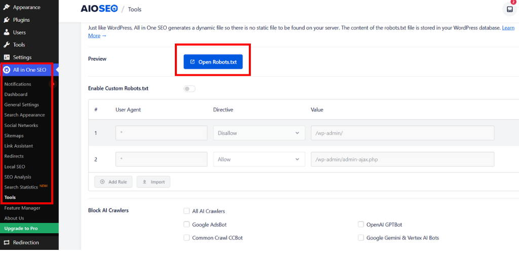Open Robot.txt Using All in One SEO