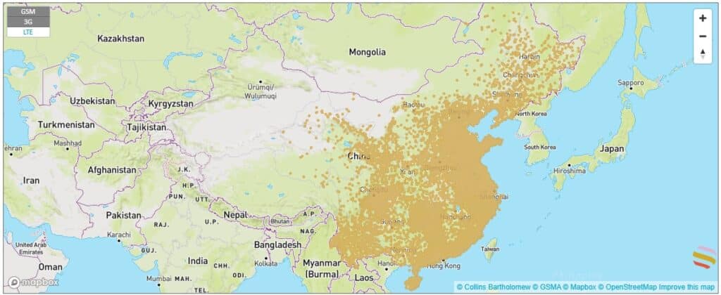 China Telecom 3G回線 中国内サービスエリアマップ
