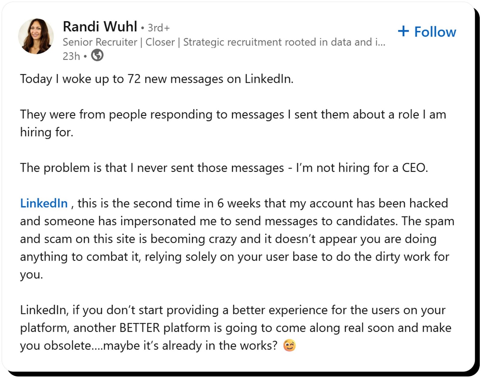 Account takeover scam on LinkedIn example