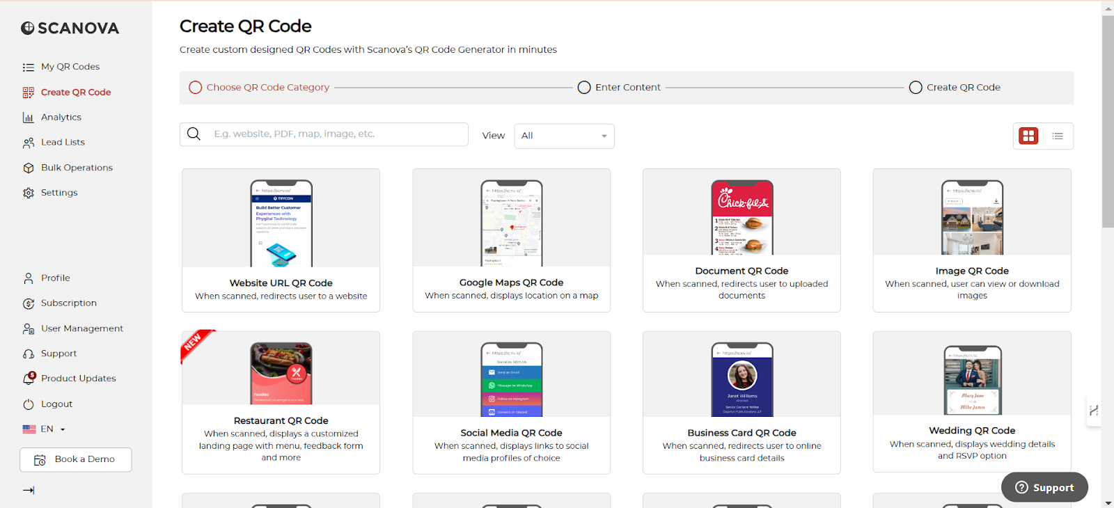 Scanova's dashboard displaying different types of QR code categories, designed to execute creative QR ideas.