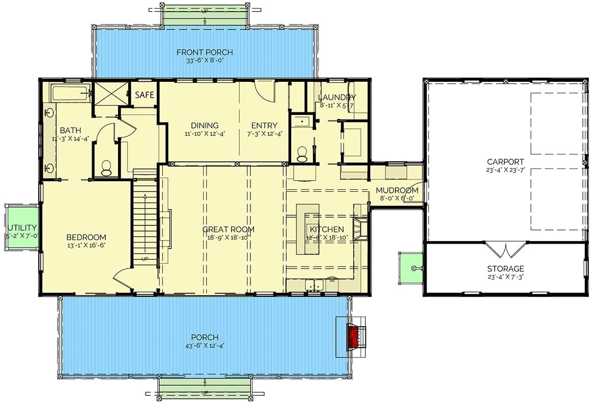 Main level floor plan of a two-story 4-bedroom farmhouse with front and rear porches, foyer, dining room, great room, kitchen, laundry room, a bedroom, and a mudroom leading to the carport.