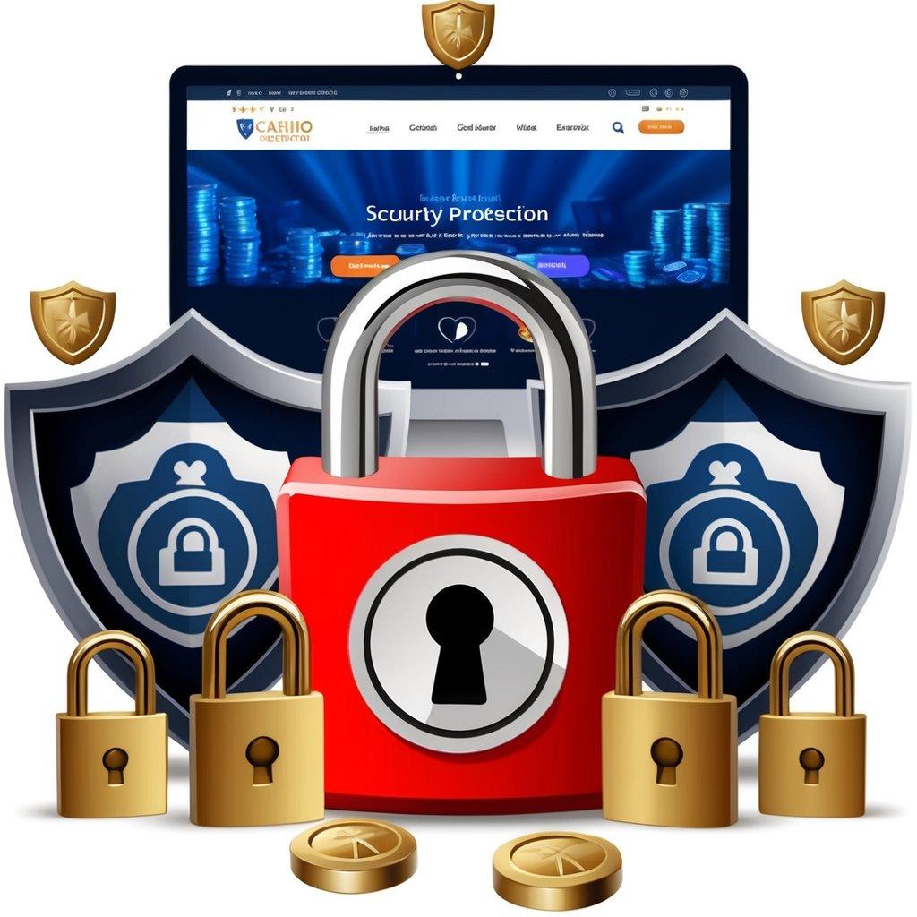 A padlock symbolizing security and protection, surrounded by shields and locks, with a computer screen displaying a casino website in the background