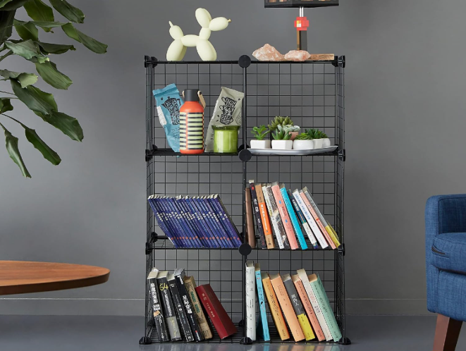 A shelf with books and a dog on it

Description automatically generated