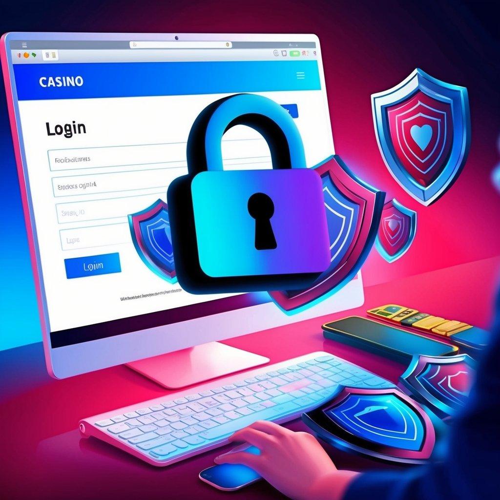 A secure padlock icon hovering over a computer screen with a casino login page, surrounded by layers of digital security shields