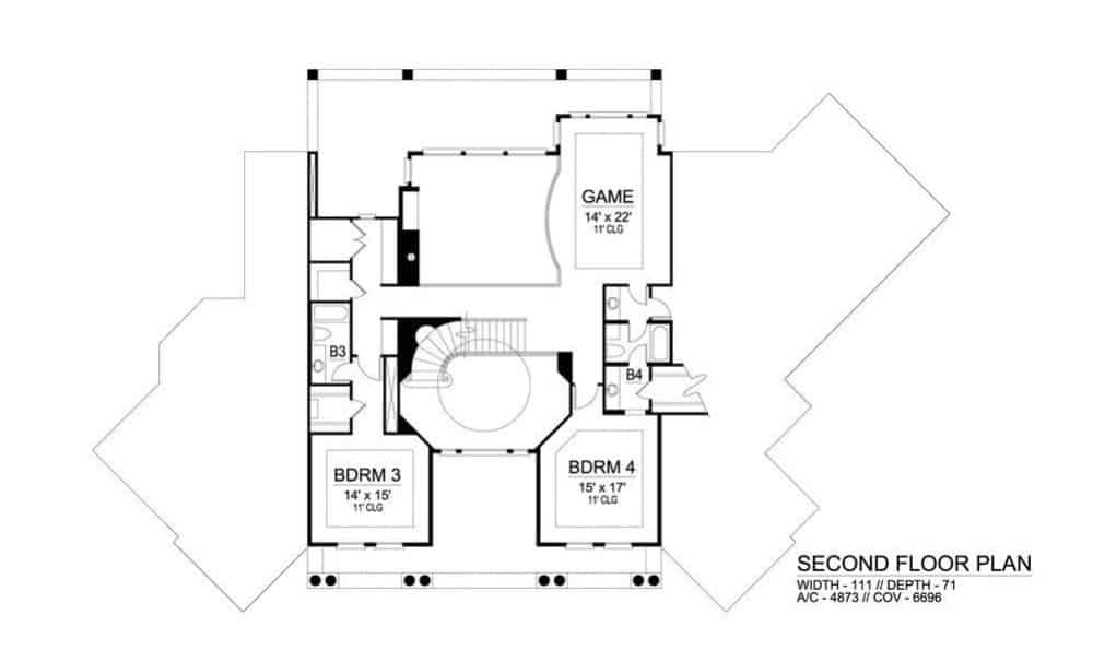 Second level floor plan with two bedrooms, two baths, and a game room.