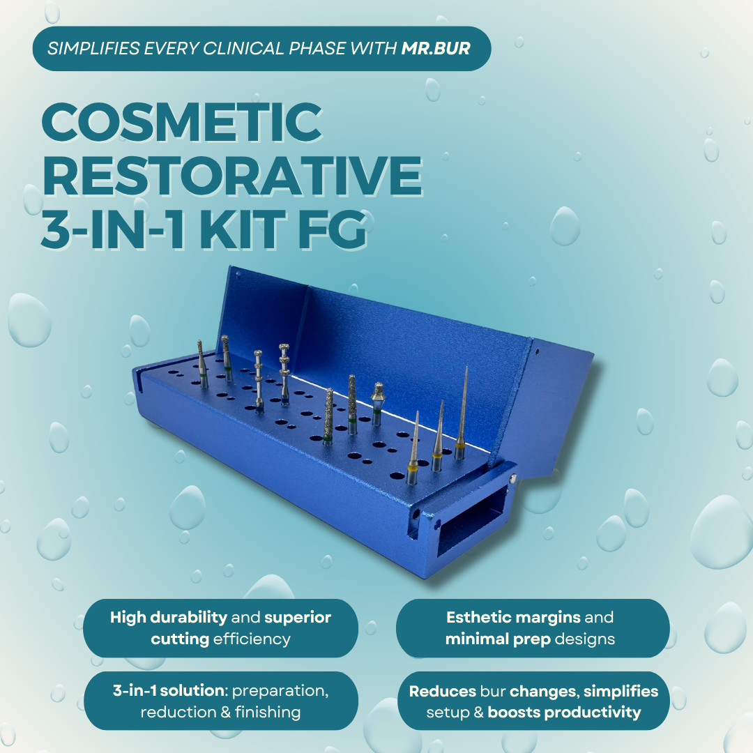 Mr. Bur Cosmetic Restorative 3-in-1 Kit FG includes burs for depth marking, reduction, margin creation, and finishing, ideal for veneers, crowns, inlays, and cosmetic restorations.