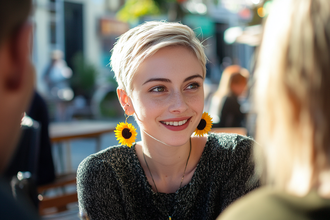 Woman in her 30s at an outdoor café with a small grin talking with friends | Source: Midjourney