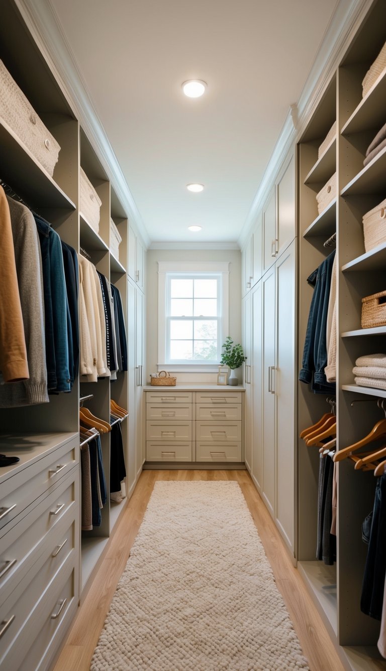 A spacious walk-in closet with built-in shelves, drawers, and hanging space. Soft lighting and a neutral color palette create a serene atmosphere for couples to organize their belongings