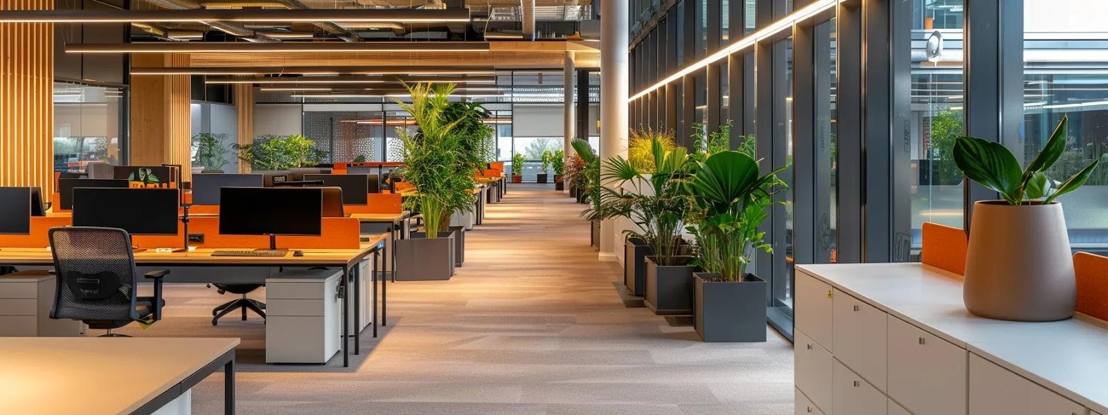 Modern sustainable office interior featuring ergonomic desks with computers, vibrant orange accents, and lush indoor plants, promoting eco-friendly workspaces in Wakefield.
