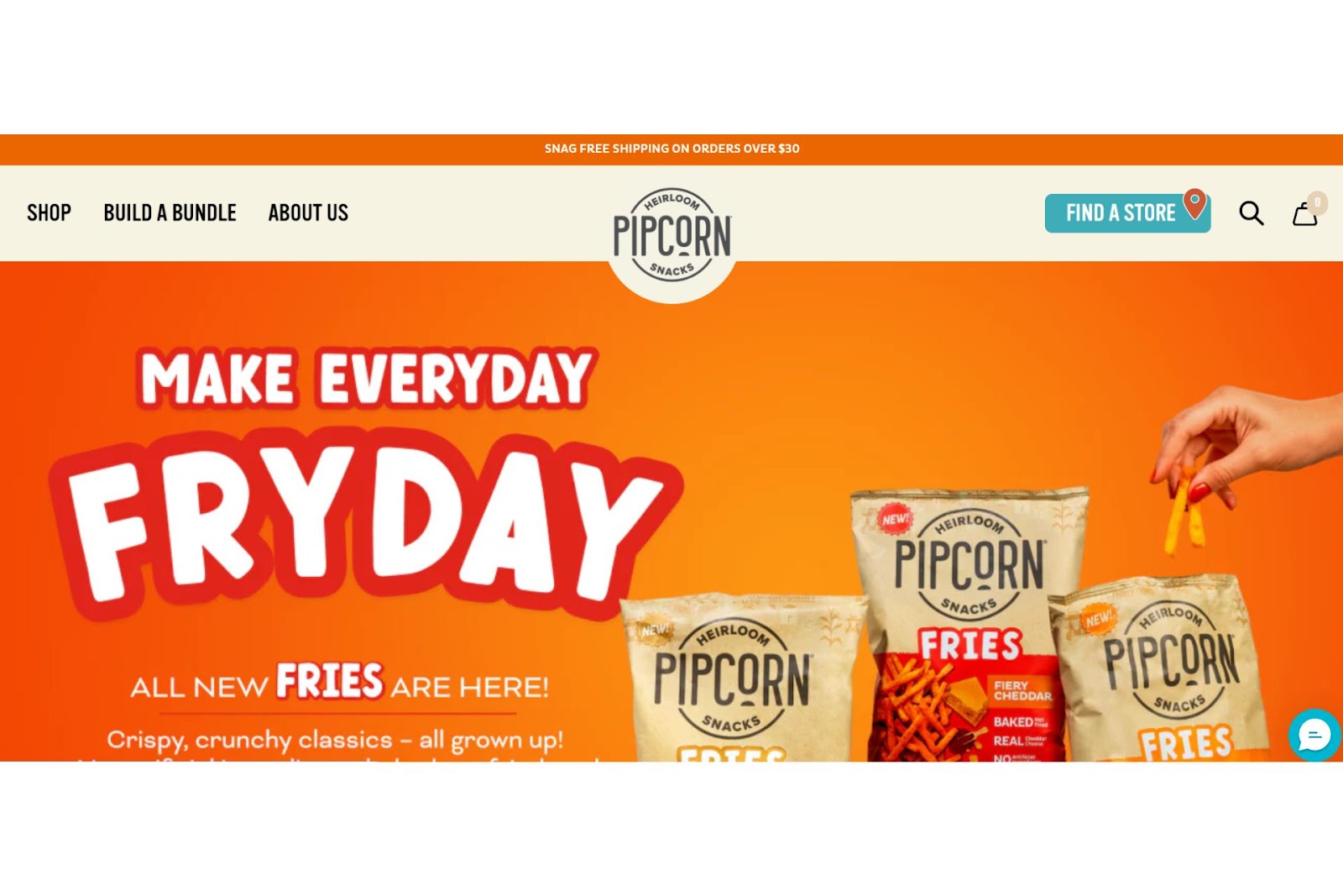 Pipcorn Snacks website featuring a bright banner and floating navigation at the top.