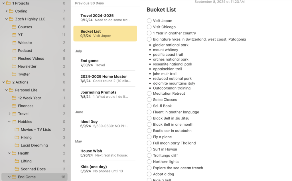 A screenshot of a bucket list  Description automatically generated