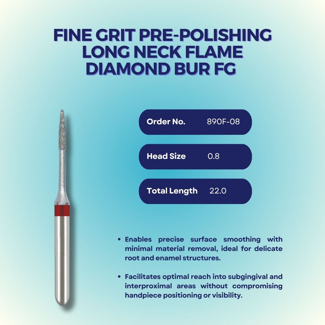 Mr. Bur Fine Grit Pre-Polishing Long Neck Flame Diamond Bur FG for root surface finishing, interproximal polishing, and plaque reduction after periodontal procedures.
