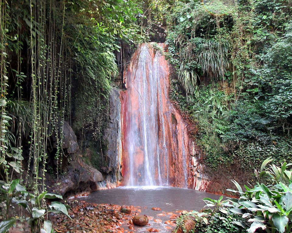 Waterfall surrounded by lush greenery.