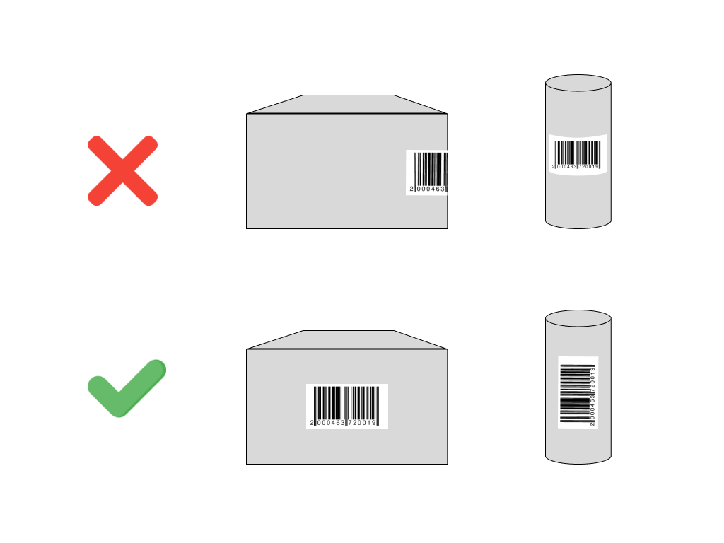 Наклейку нужно разместить так, чтобы избежать изгибов и заломов — из–за них штрих–код может не считаться