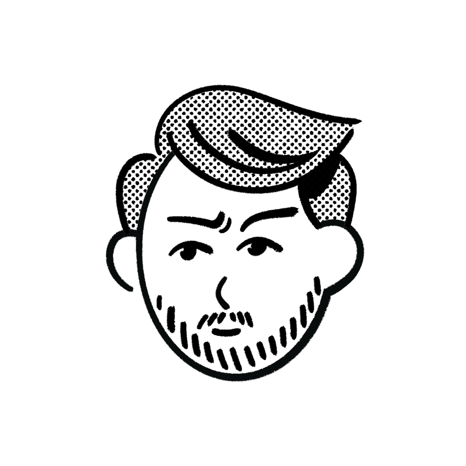 simple black and white cartoon avatar drawn in a minimalist style similar to those used by Notion. It depicts a person with short hair styled upward in the front, raised eyebrows giving a slightly skeptical expression, and notable facial hair including a full beard. The illustration uses a dotted/halftone shading effect in the hair areas and clean, bold lines throughout.