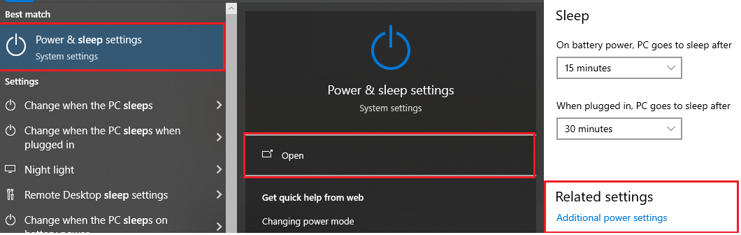 A screenshot of the Windows start menu displaying how to search for and select the "Power & Sleep Settings" menu.