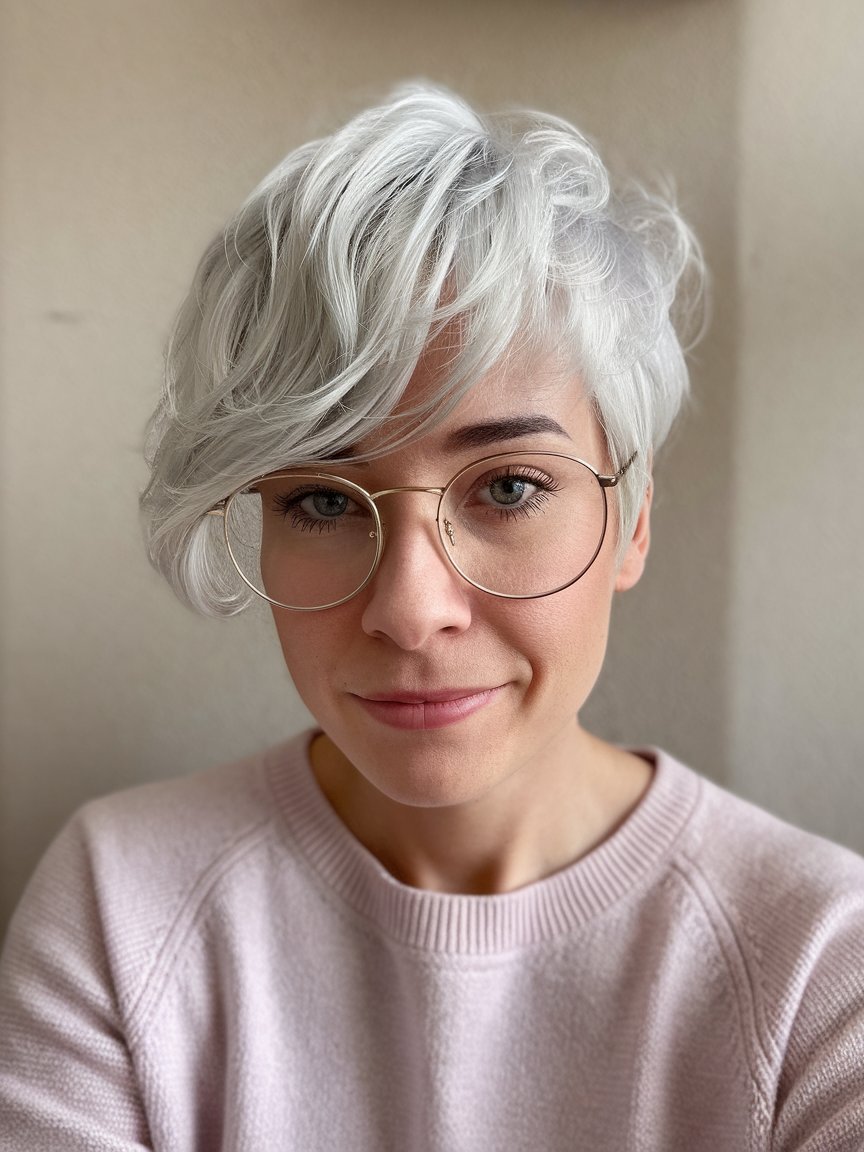 5. Silver Pixie with Side Swept Bangs