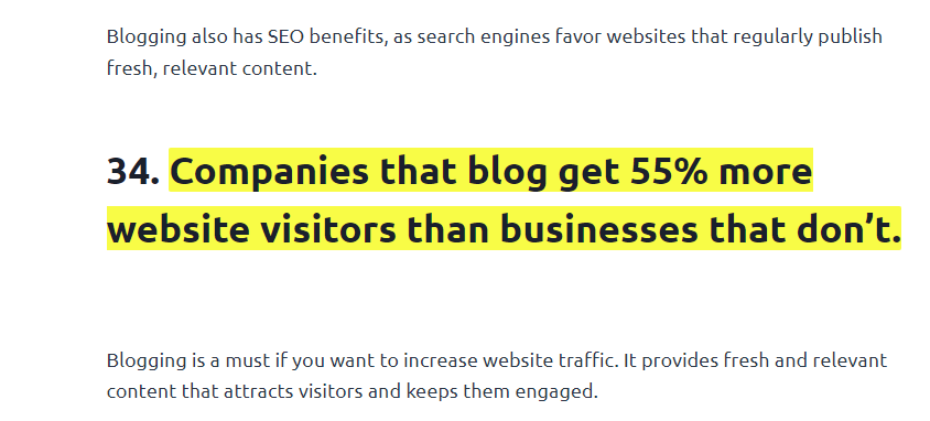 Screenshot stating that blogs increase web visitors by 55%