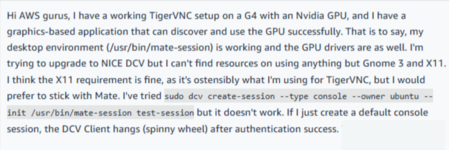 Screenshot of an user struggling to get DCV to work with MATE, despite successful GPU utilization with TigerVNC.
